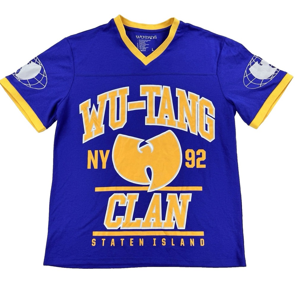 Mens Wu Tang Clan V Neck Graphic T Shirt Cream Blue Hip Hop Streetwear Sz Large